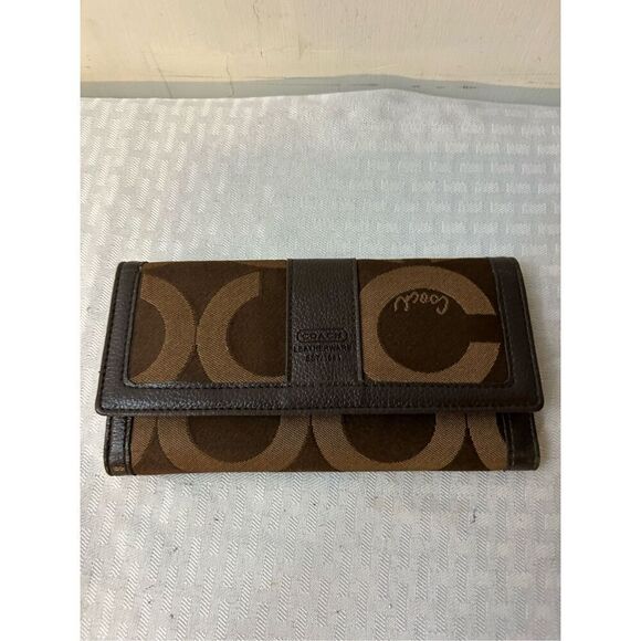 Coach wallet (snap missing) faux leather trifold brown signature 7.5"x4" - Picture 1 of 9